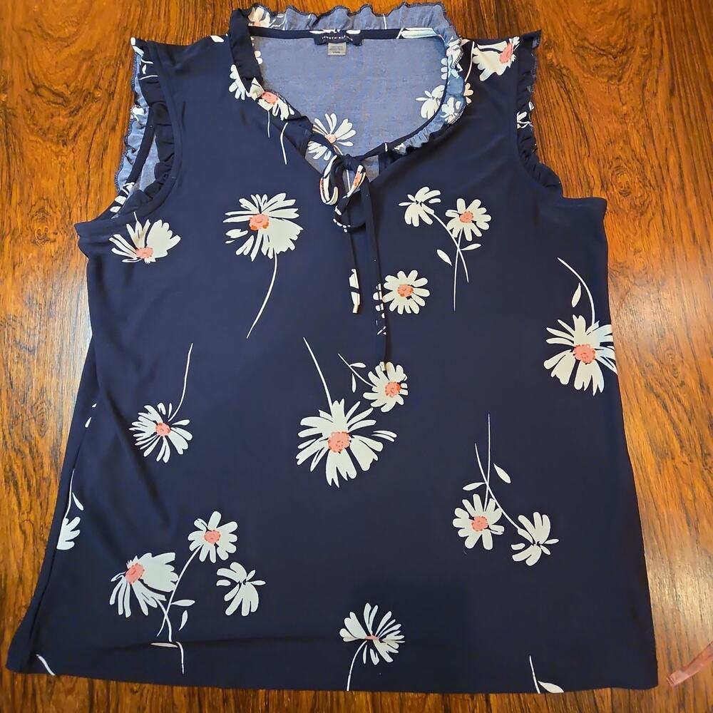 Tommy Hilfiger Navy Blue Pink Floral Ruffled Hem Sleeveless Blouse Shell Top L